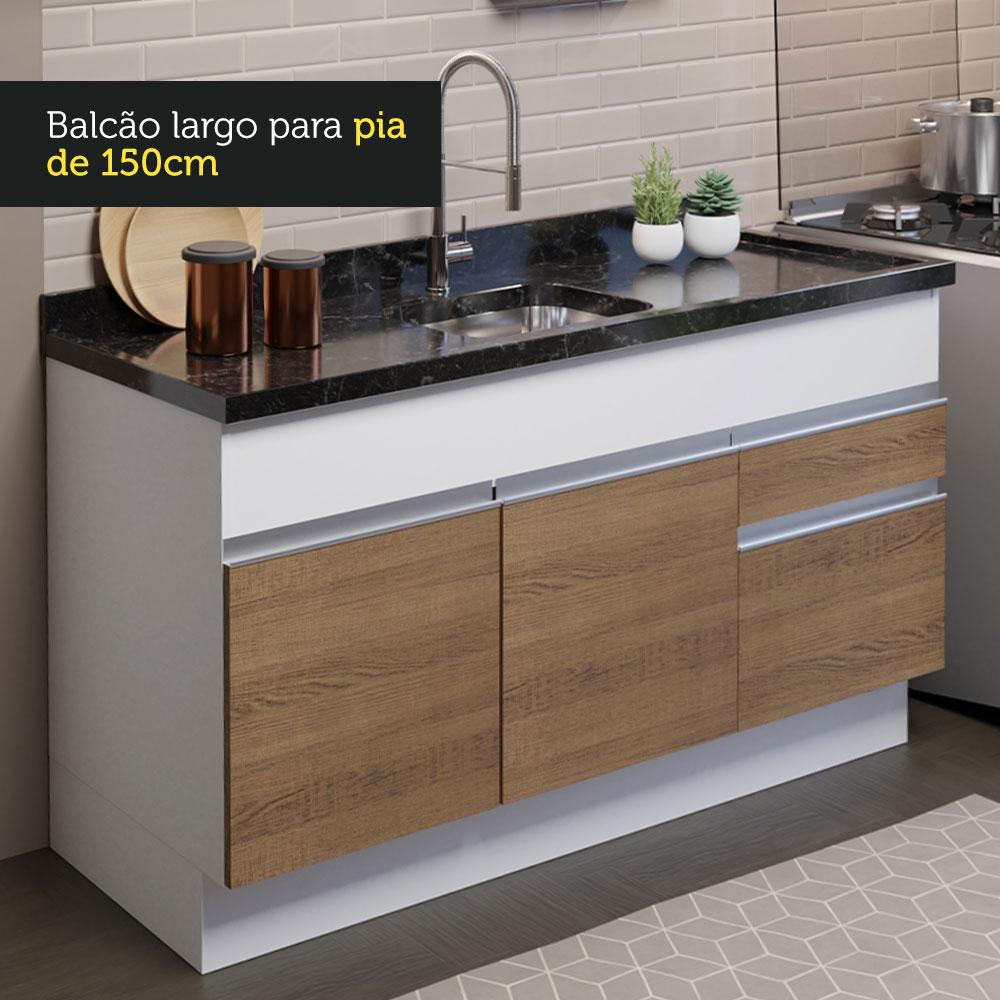 Cozinha Compacta Madesa Glamy 150002 com Armário e Balcão (Sem Tampo e Pia) - Branco/Rustic