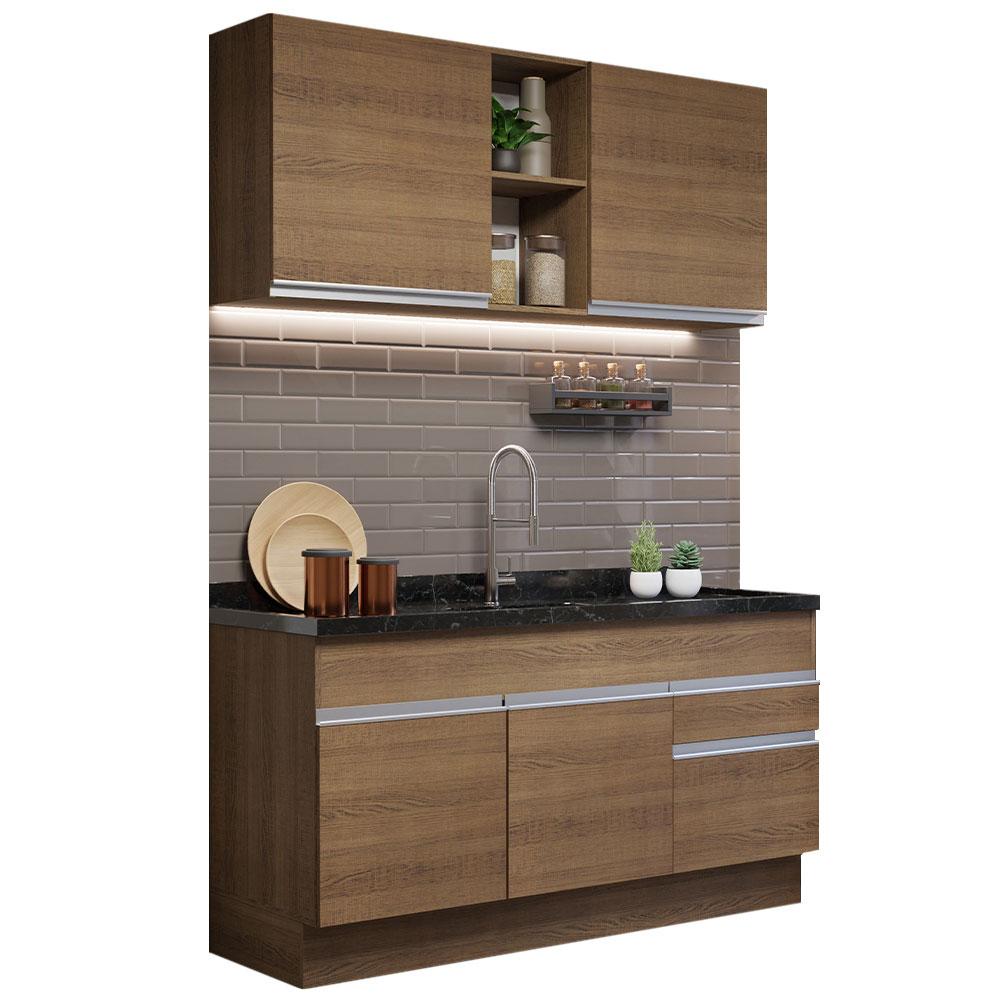 Cozinha Compacta Madesa Glamy 150002 com Armário e Balcão (Sem Tampo e Pia) - Rustic