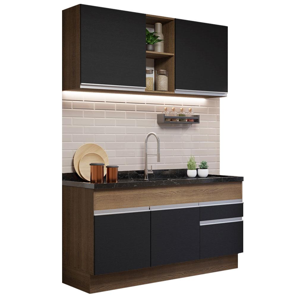 Cozinha Compacta Madesa Glamy 150002 com Armário e Balcão (Sem Tampo e Pia) - Rustic/Preto