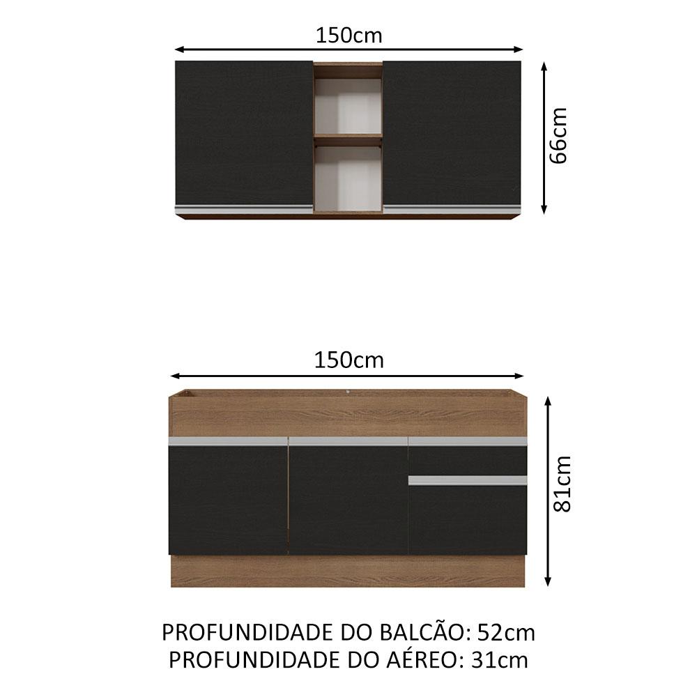 Cozinha Compacta Madesa Glamy 150002 com Armário e Balcão (Sem Tampo e Pia) - Rustic/Preto