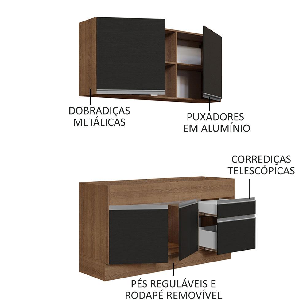 Cozinha Compacta Madesa Glamy 150002 com Armário e Balcão (Sem Tampo e Pia) - Rustic/Preto