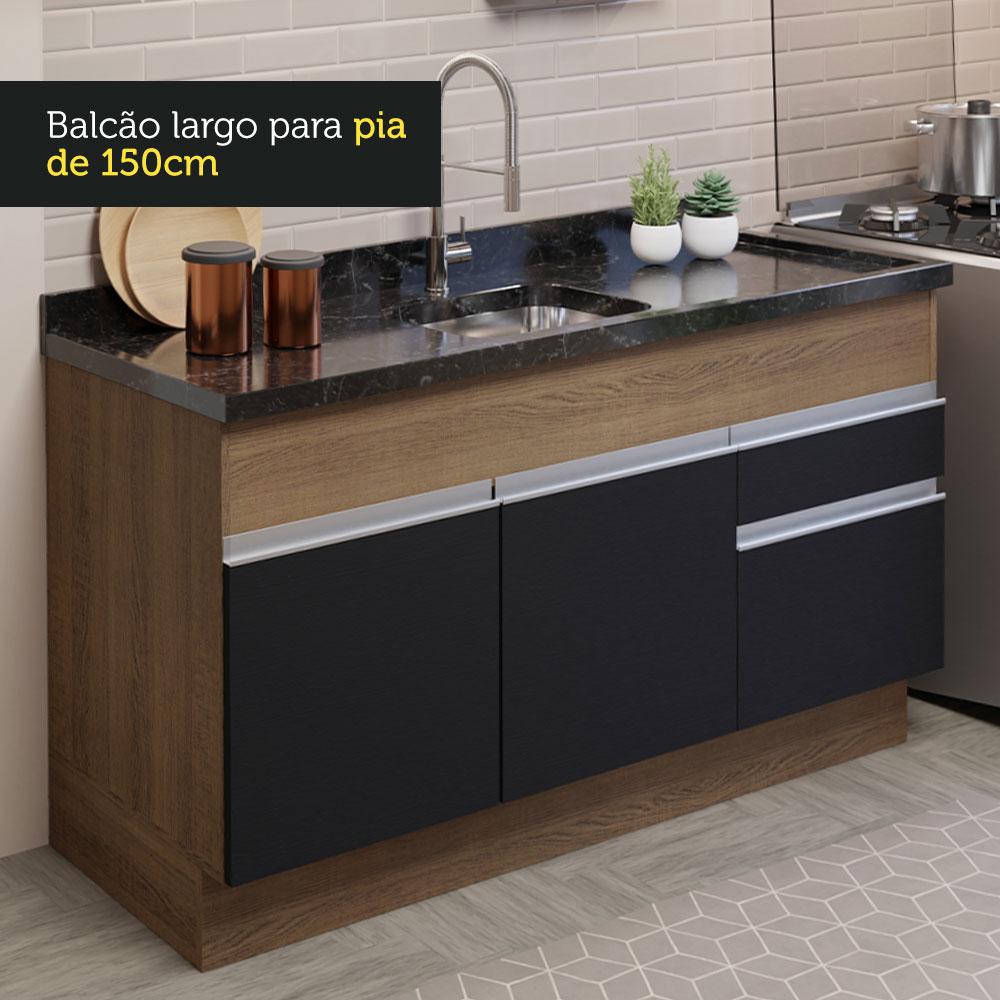 Cozinha Compacta Madesa Glamy 150002 com Armário e Balcão (Sem Tampo e Pia) - Rustic/Preto