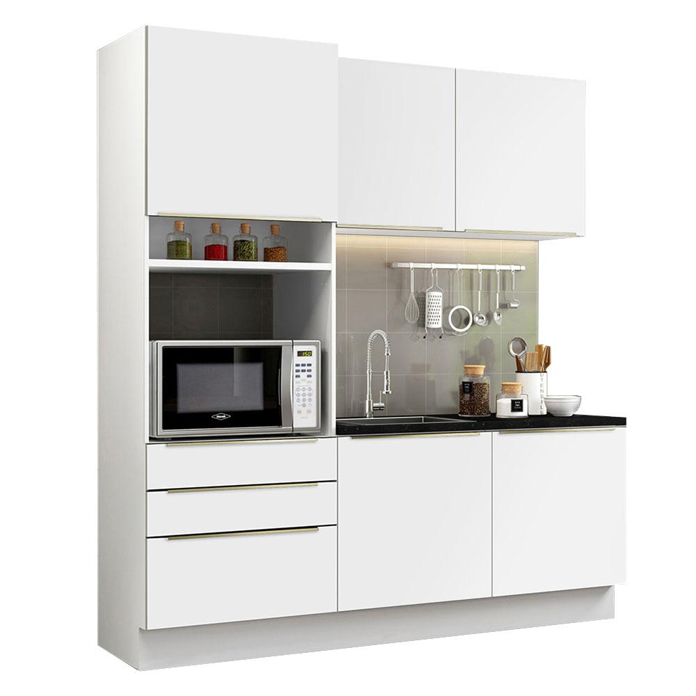 Cozinha Compacta Madesa Lux com Armário e Balcão 5 Portas 3 Gavetas - Branco/Branco Veludo