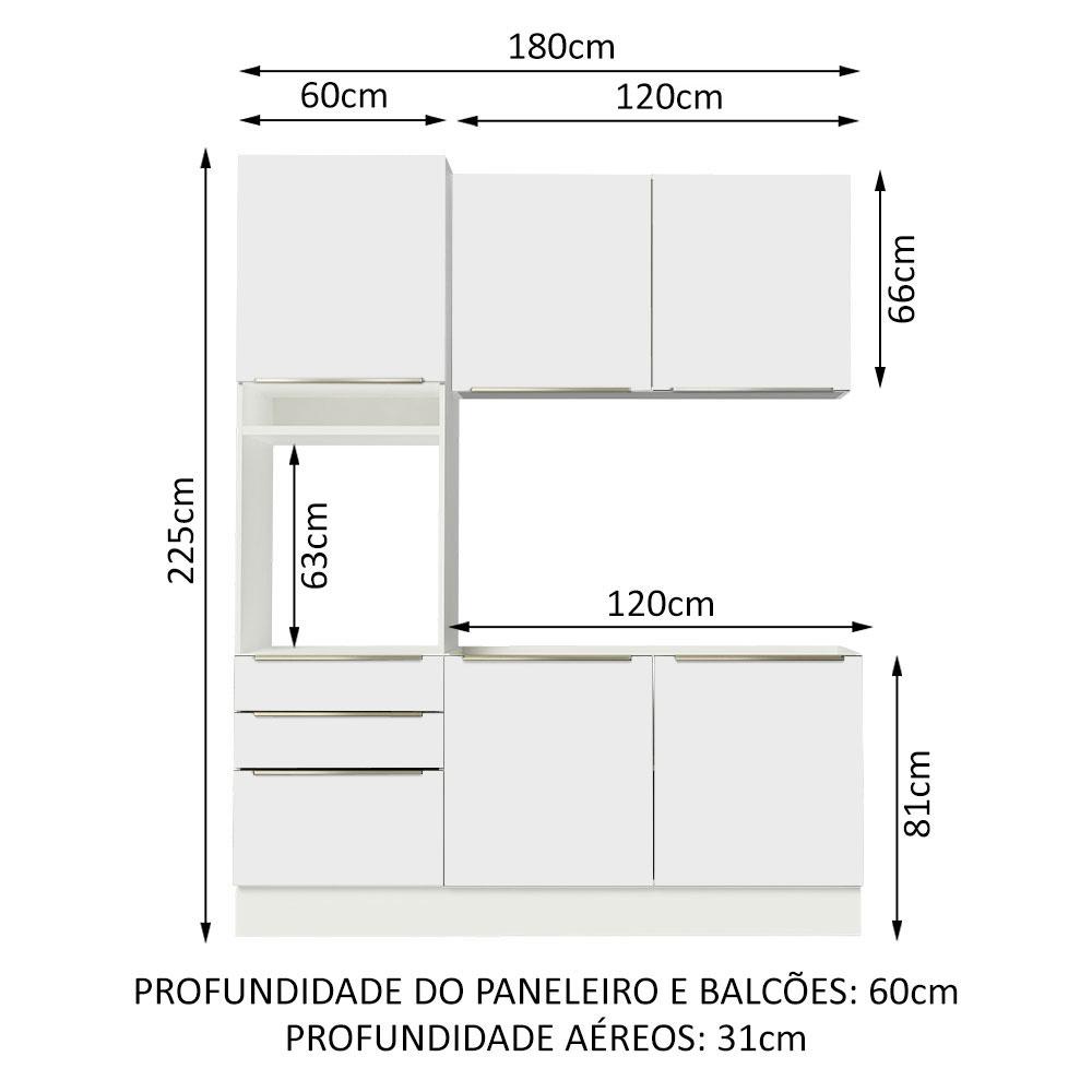 Cozinha Compacta Madesa Lux com Armário e Balcão 5 Portas 3 Gavetas - Branco/Branco Veludo