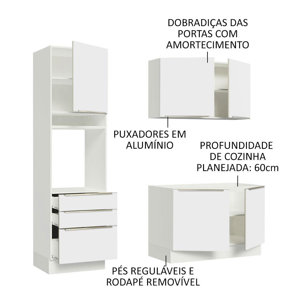 Cozinha Compacta Madesa Lux com Armário e Balcão 5 Portas 3 Gavetas - Branco/Branco Veludo