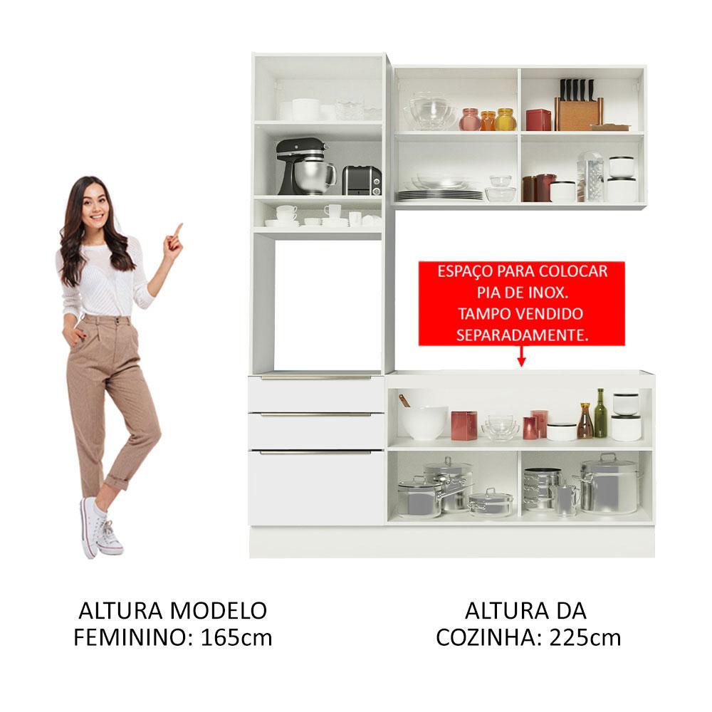 Cozinha Compacta Madesa Lux com Armário e Balcão 5 Portas 3 Gavetas - Branco/Branco Veludo