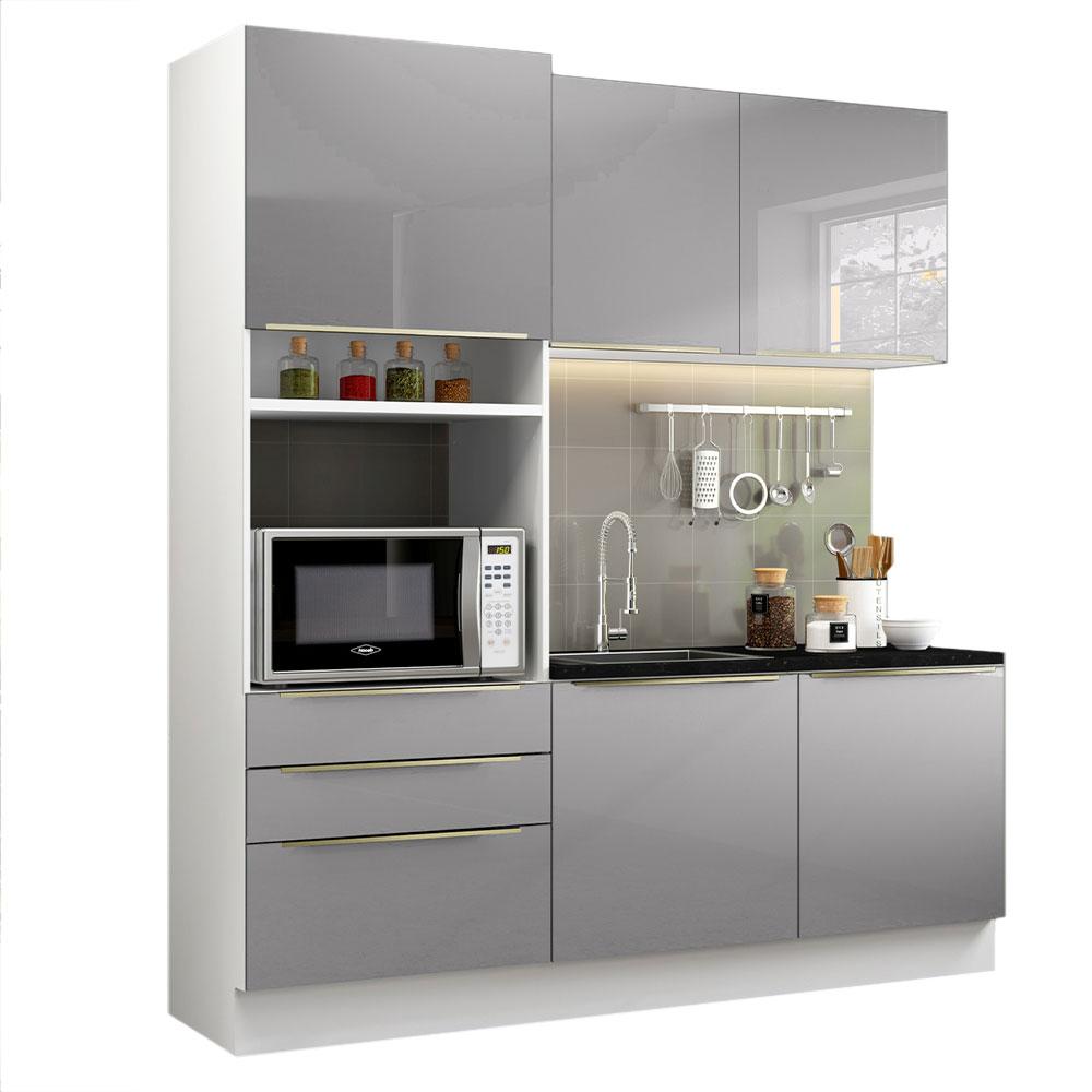 Cozinha Compacta Madesa Lux com Armário e Balcão 5 Portas 3 Gavetas - Branco/Cinza