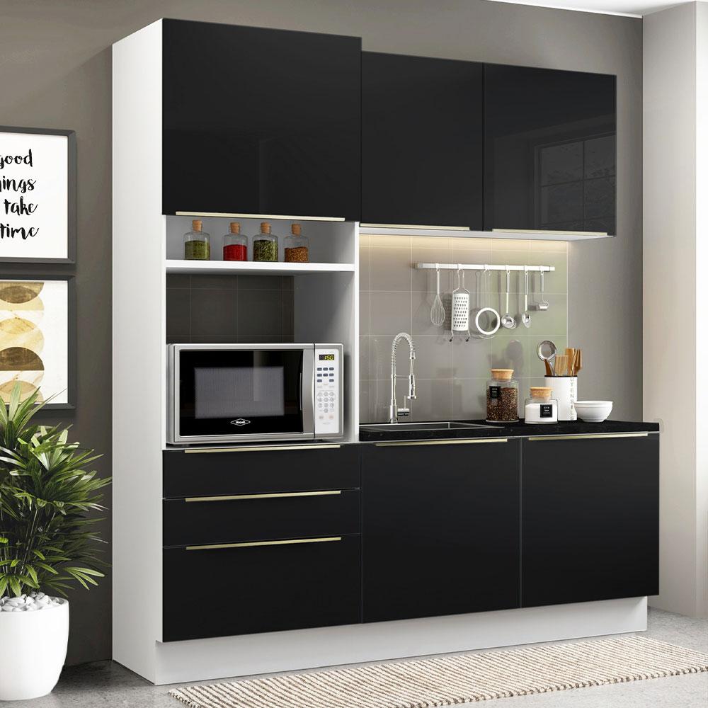 Cozinha Compacta Madesa Lux com Armário e Balcão 5 Portas 3 Gavetas - Branco/Preto