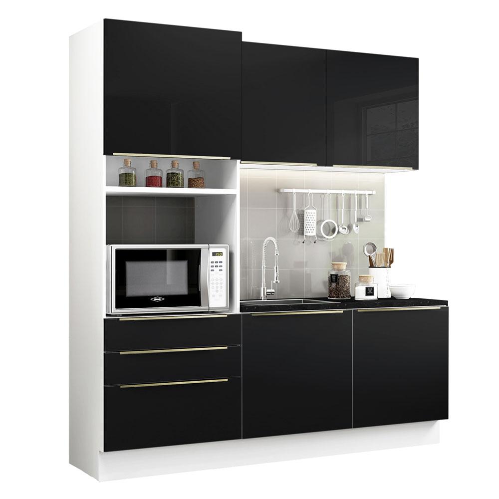 Cozinha Compacta Madesa Lux com Armário e Balcão 5 Portas 3 Gavetas - Branco/Preto