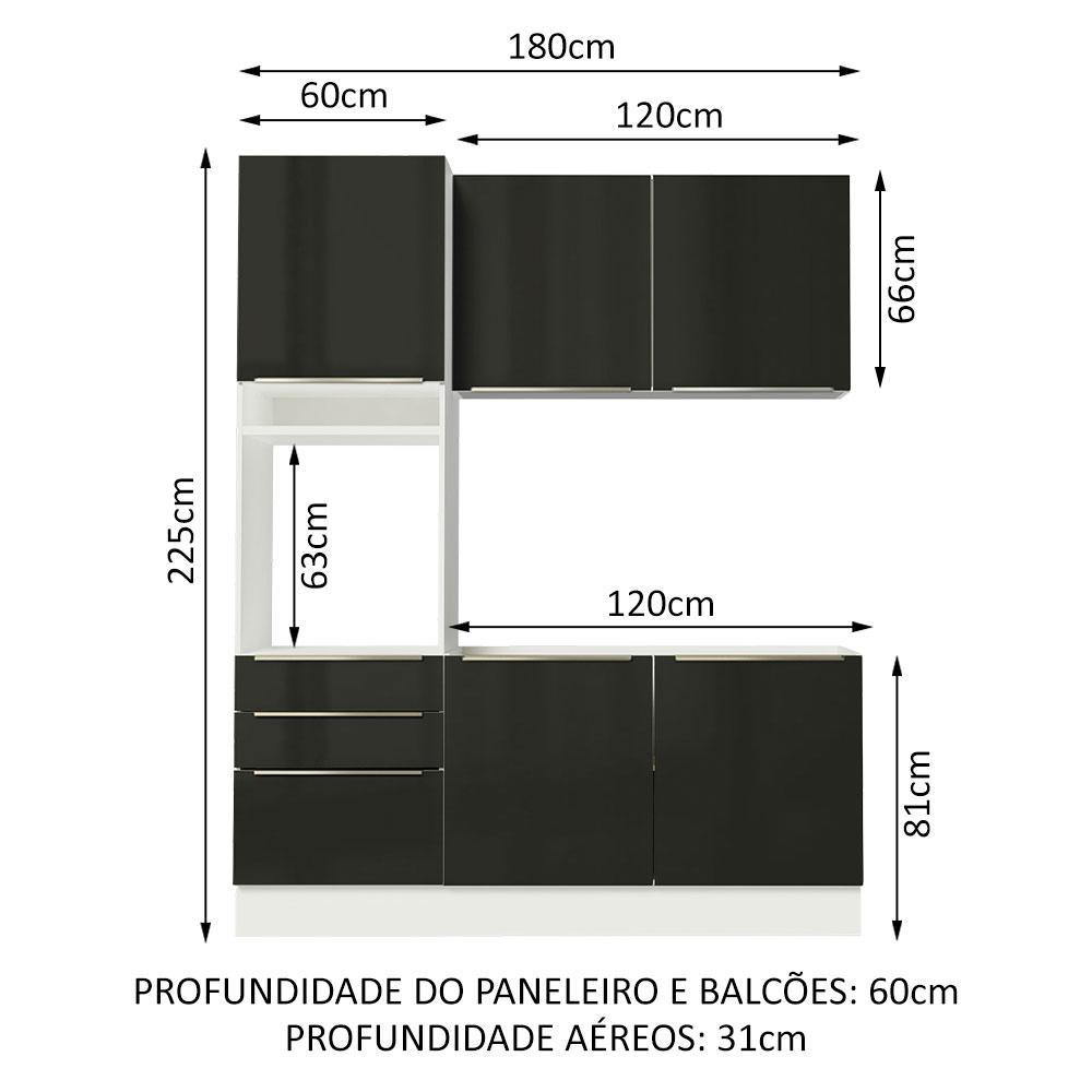 Cozinha Compacta Madesa Lux com Armário e Balcão 5 Portas 3 Gavetas - Branco/Preto