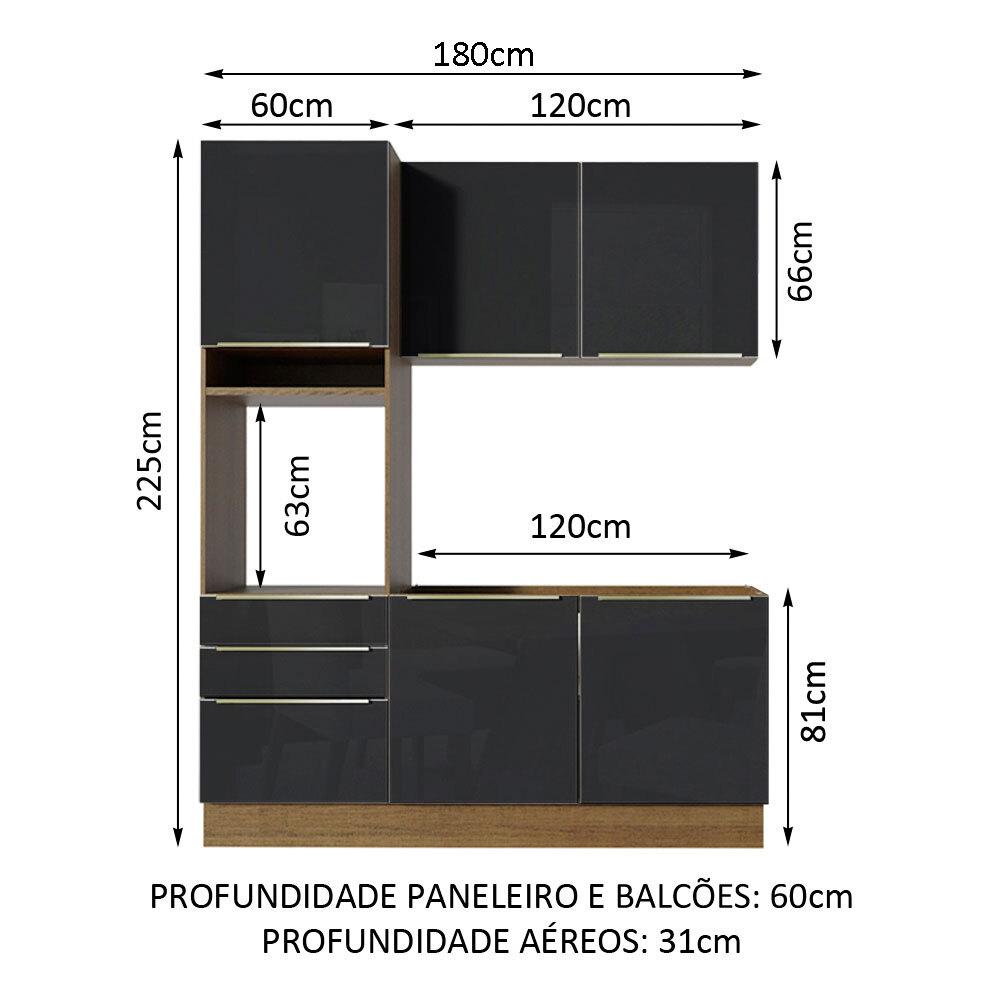 Cozinha Compacta Madesa Lux com Armário e Balcão 5 Portas 3 Gavetas - Rustic/Preto