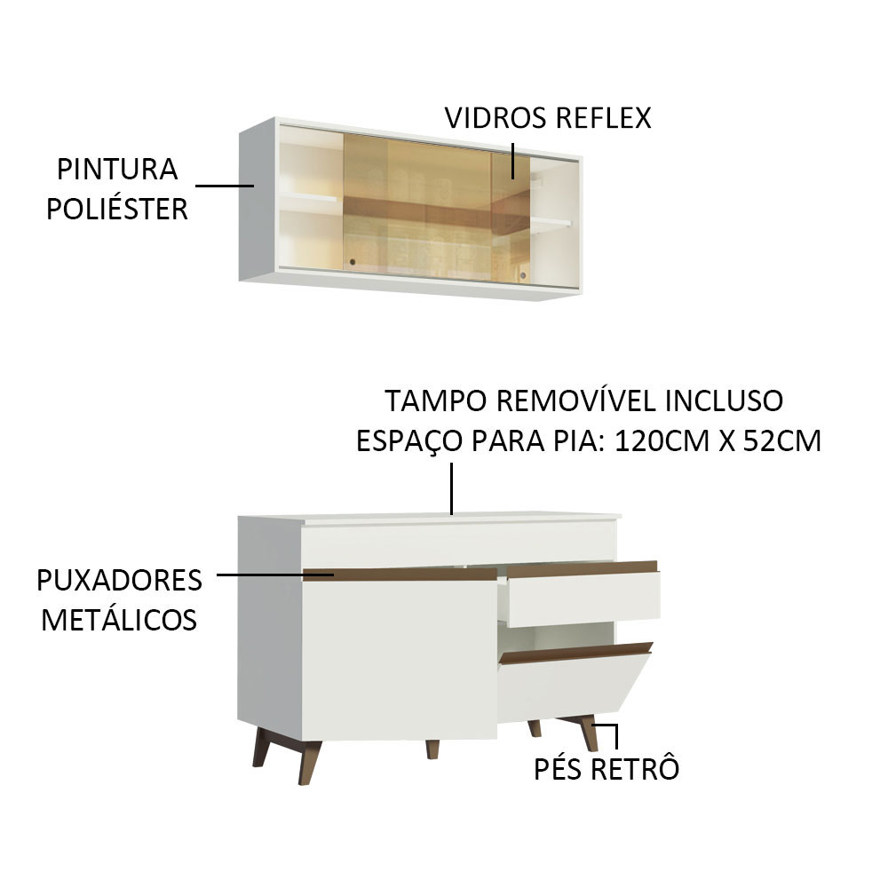 Cozinha Compacta Madesa Reims 120001 com Armário e Balcão - Branco