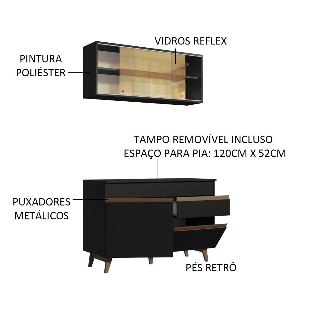 Cozinha Compacta Madesa Reims 120001 com Armário e Balcão - Preto