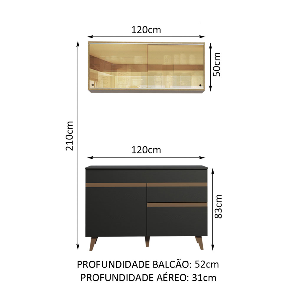 Cozinha Compacta Madesa Reims 120001 com Armário e Balcão - Preto/Rustic