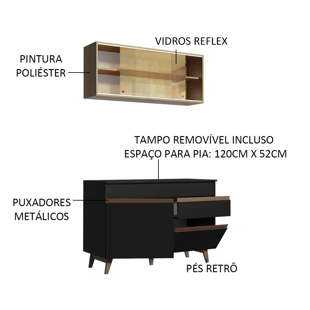 Cozinha Compacta Madesa Reims 120001 com Armário e Balcão - Preto/Rustic