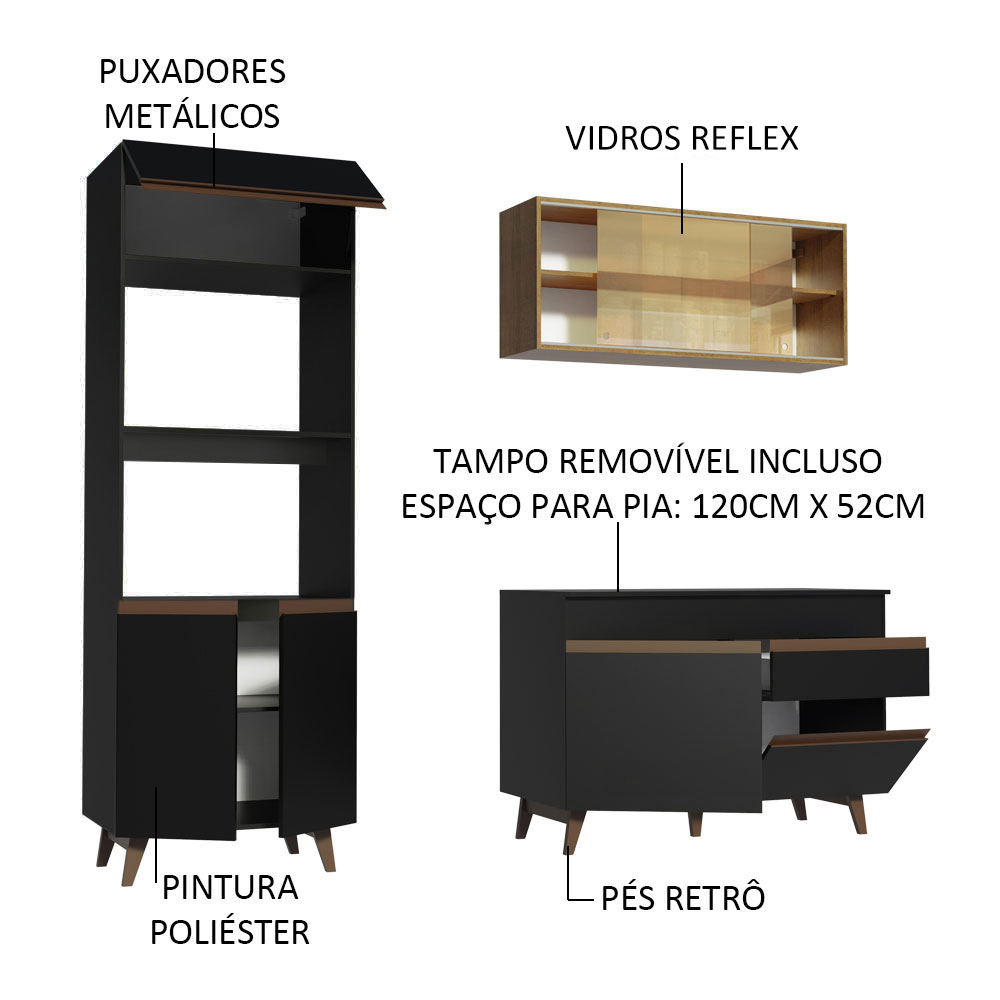 Cozinha Compacta Madesa Reims 190002 com Armário e Balcão - Preto/Rustic