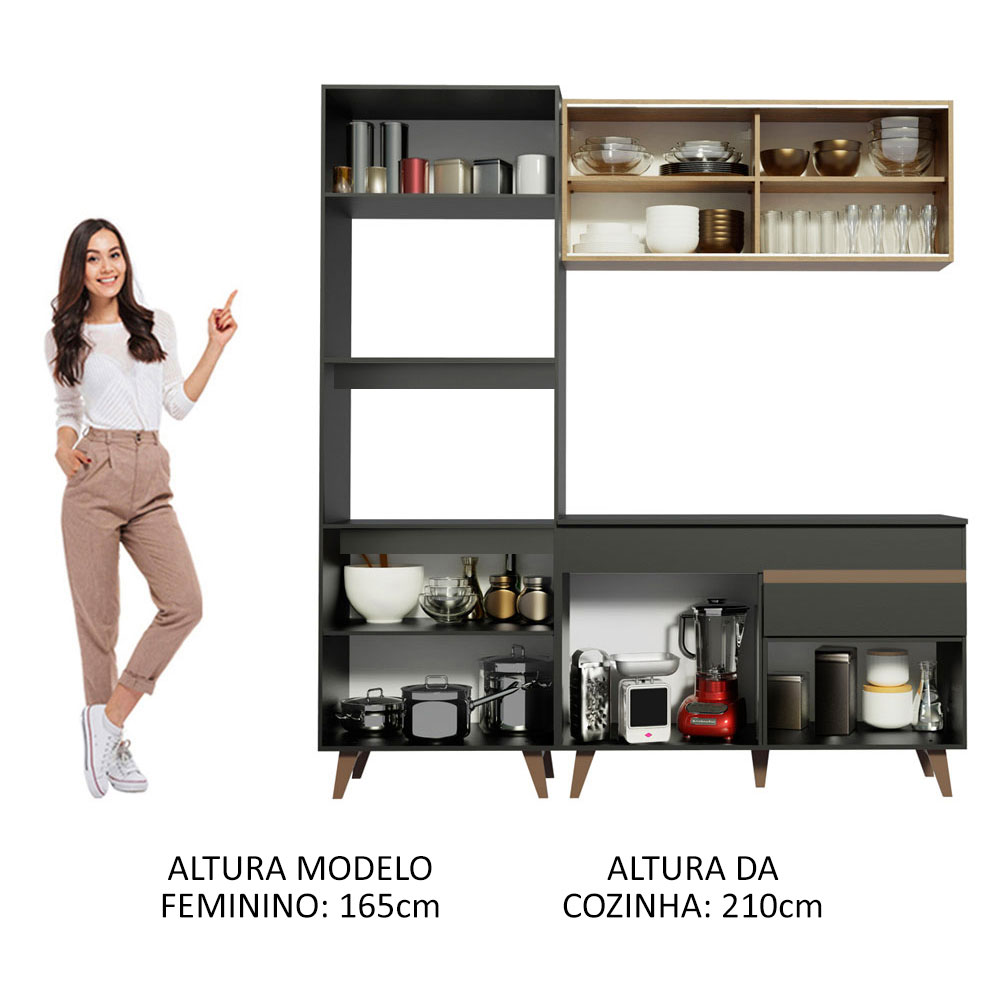Cozinha Compacta Madesa Reims 190002 com Armário e Balcão - Preto/Rustic