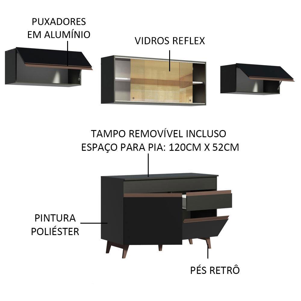 Cozinha Compacta Madesa Reims 260003 com Armário e Balcão - Preto
