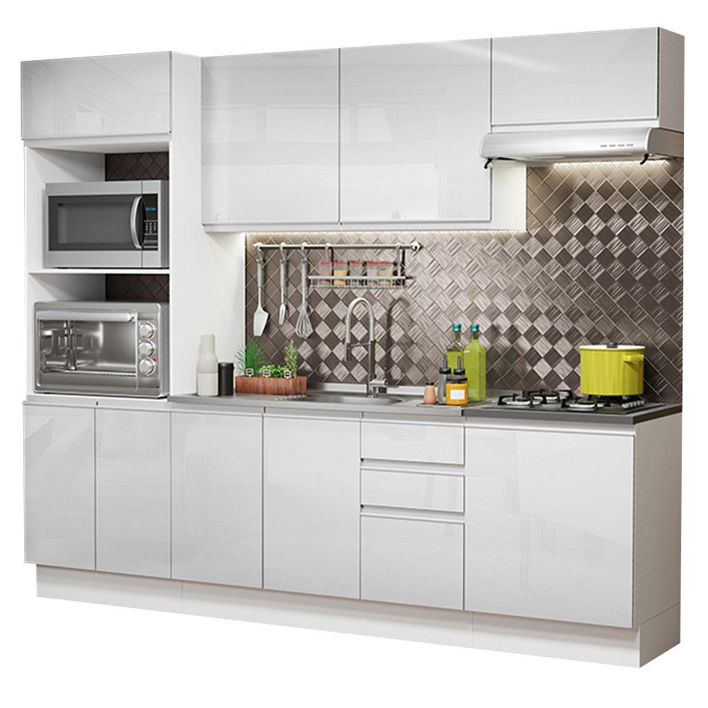 Cozinha Completa 100% MDF Madesa Acordes 250003 com Armário e Balcão - Frentes Branco Brilho