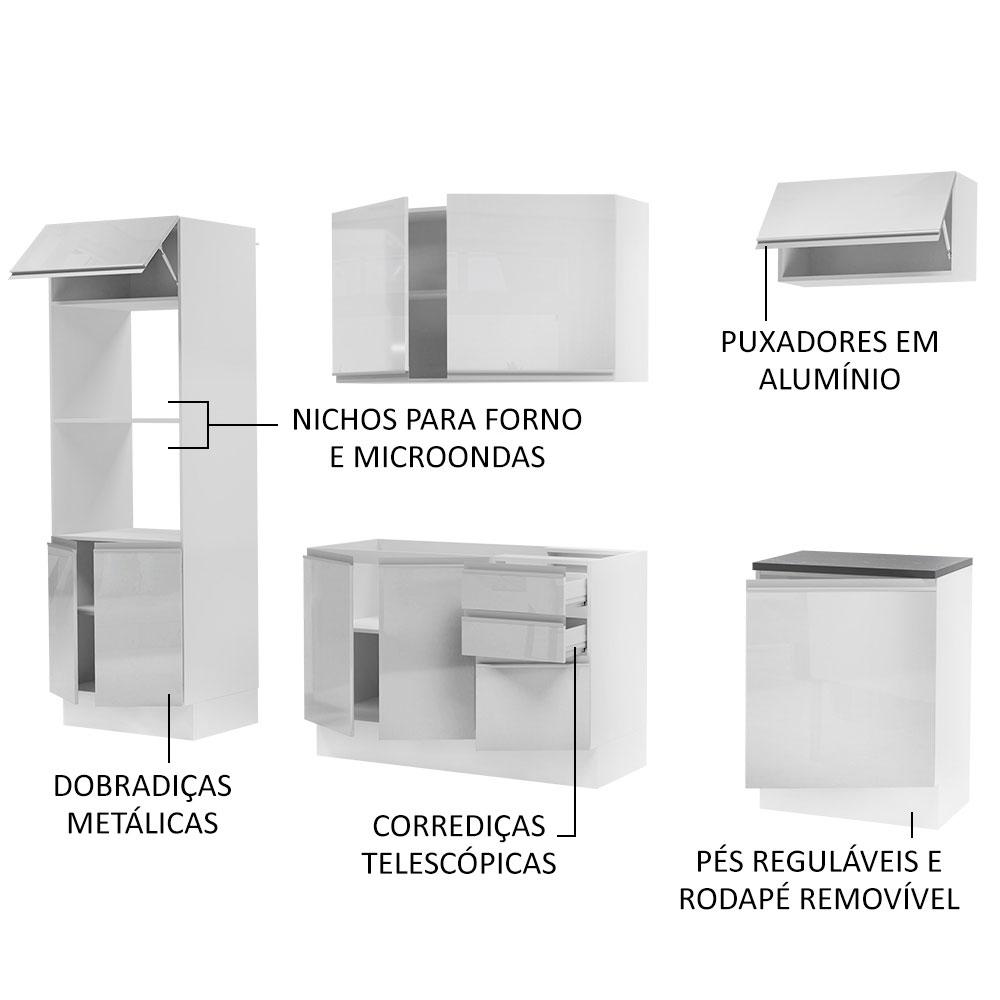 Cozinha Completa 100% MDF Madesa Acordes 250003 com Armário e Balcão - Frentes Branco Brilho