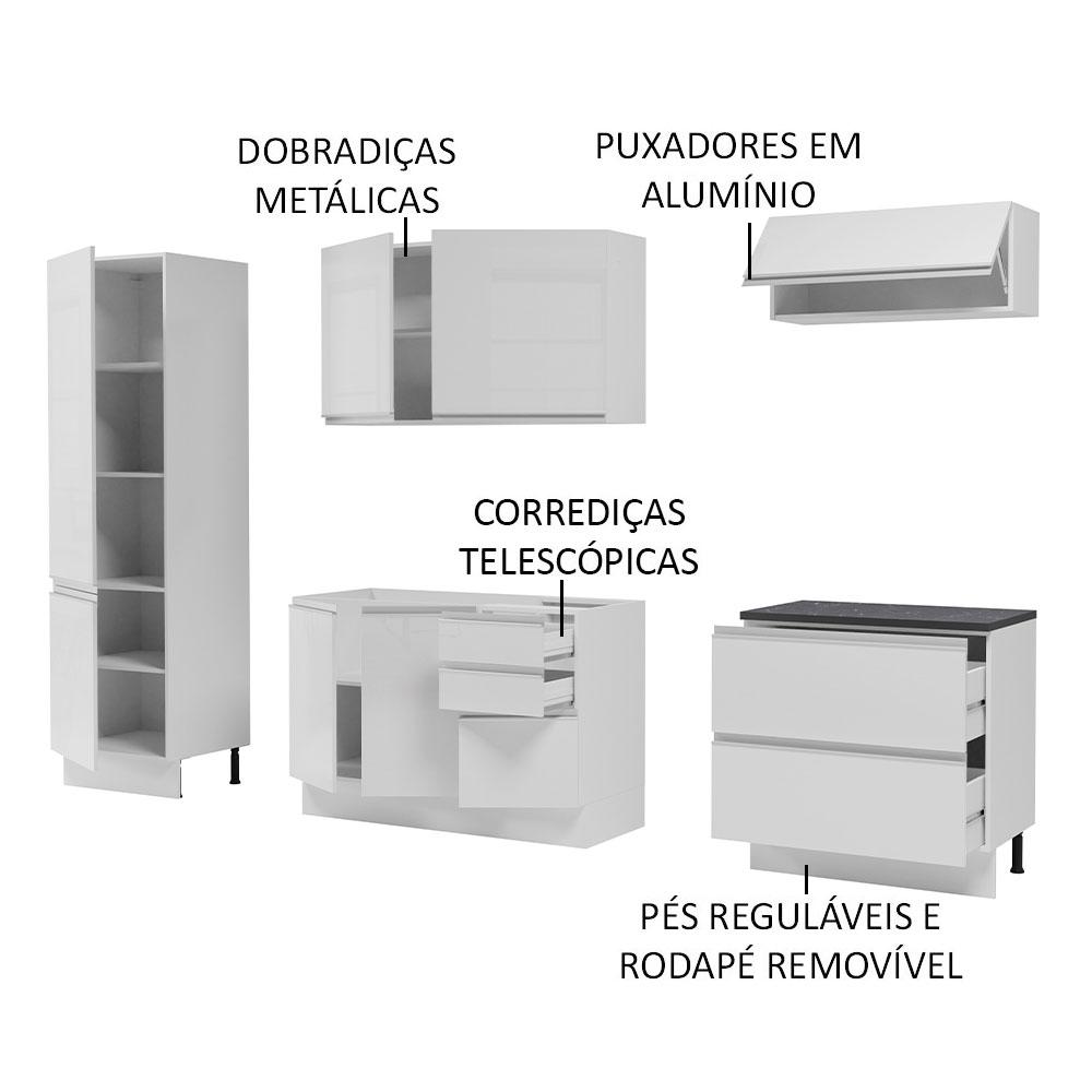 Cozinha Completa 100% MDF Madesa Acordes 260001 com Armário e Balcão - Frentes Branco Brilho