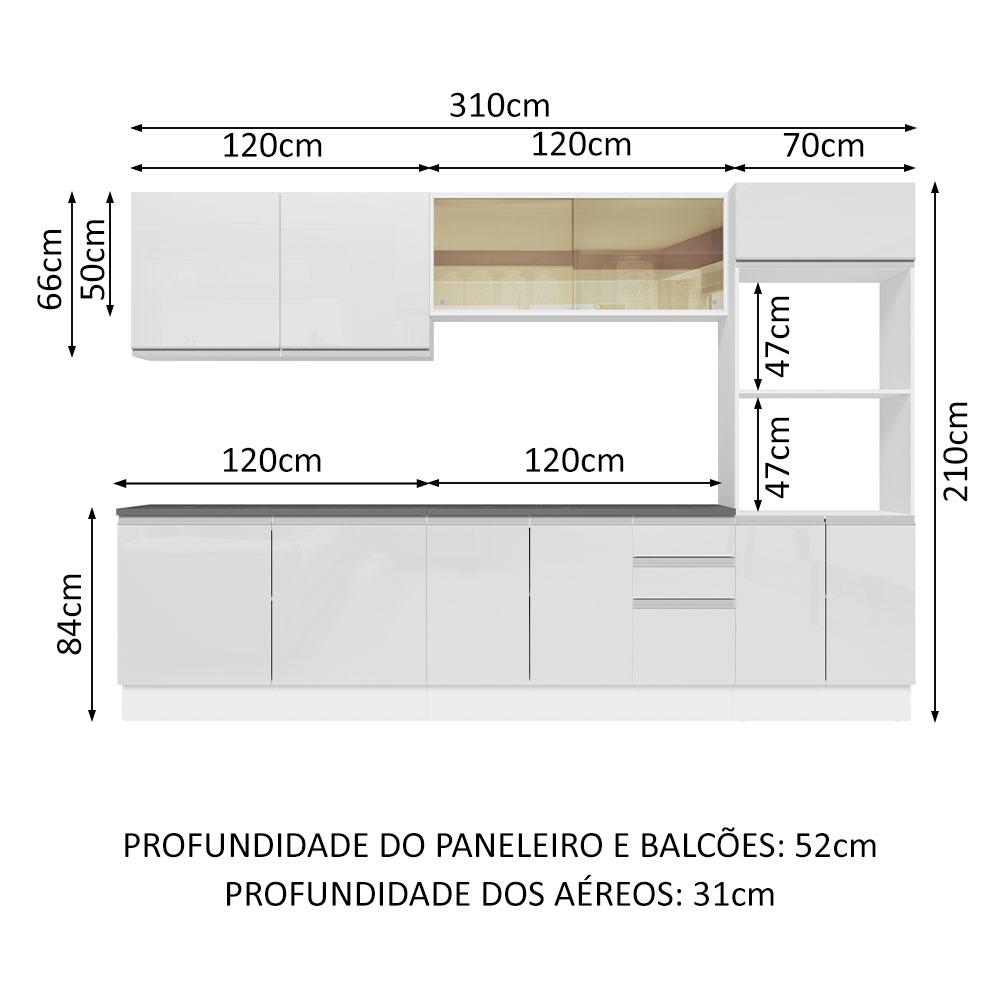 Cozinha Completa 100% MDF Madesa Acordes 310001 com Armário e Balcão - Frentes Branco Brilho