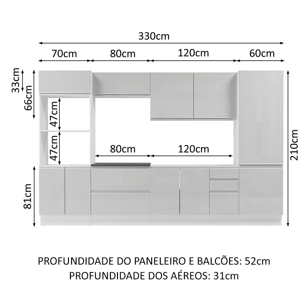 Cozinha Completa 100% MDF Madesa Acordes 330005 com Armário e Balcão - Frentes Branco Brilho