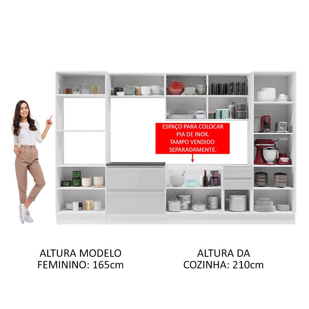 Cozinha Completa 100% MDF Madesa Acordes 330005 com Armário e Balcão - Frentes Branco Brilho