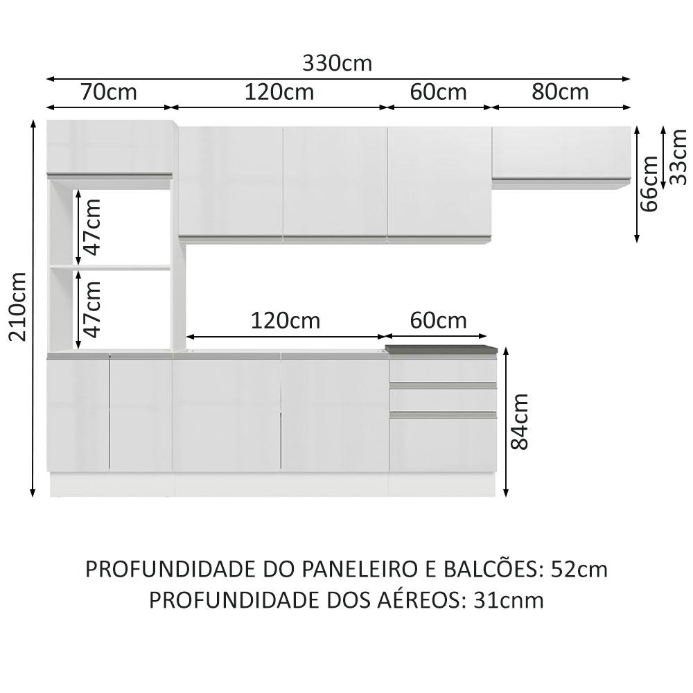 Cozinha Completa 100% MDF Madesa Acordes 330006 com Armário e Balcão - Frentes Branco Brilho