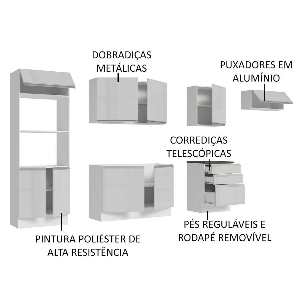 Cozinha Completa 100% MDF Madesa Acordes 330006 com Armário e Balcão - Frentes Branco Brilho