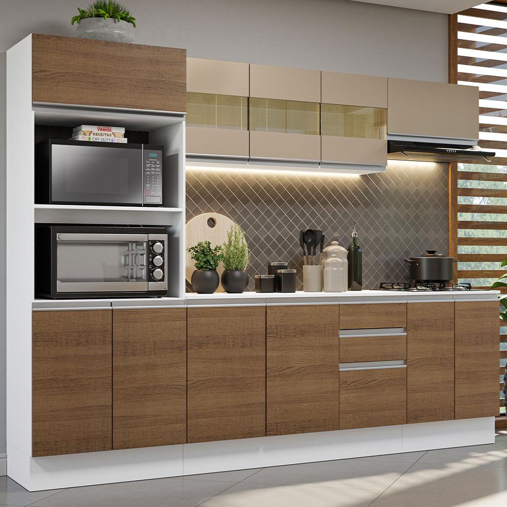 Cozinha Completa 100% MDF Madesa Smart 250 cm Modulada Com Balcão e Tampo - Branco/Rustic/Crema
