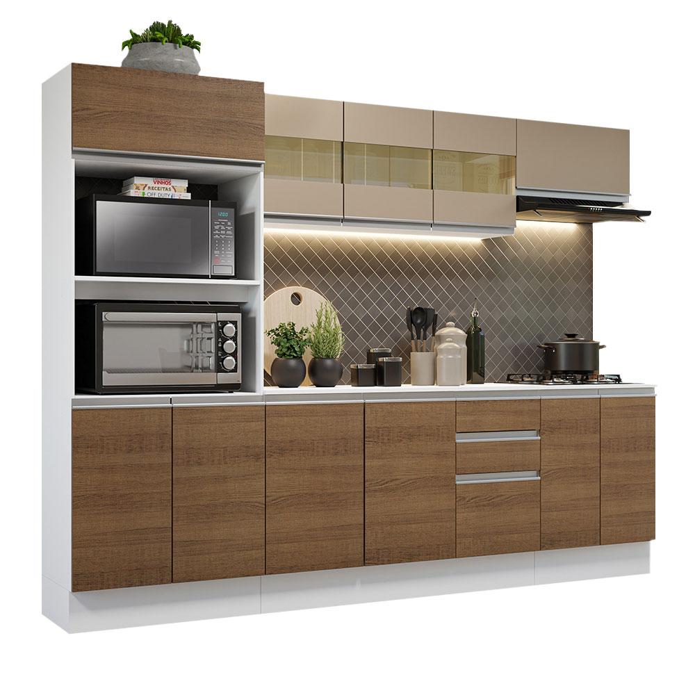 Cozinha Completa 100% MDF Madesa Smart 250 cm Modulada Com Balcão e Tampo - Branco/Rustic/Crema