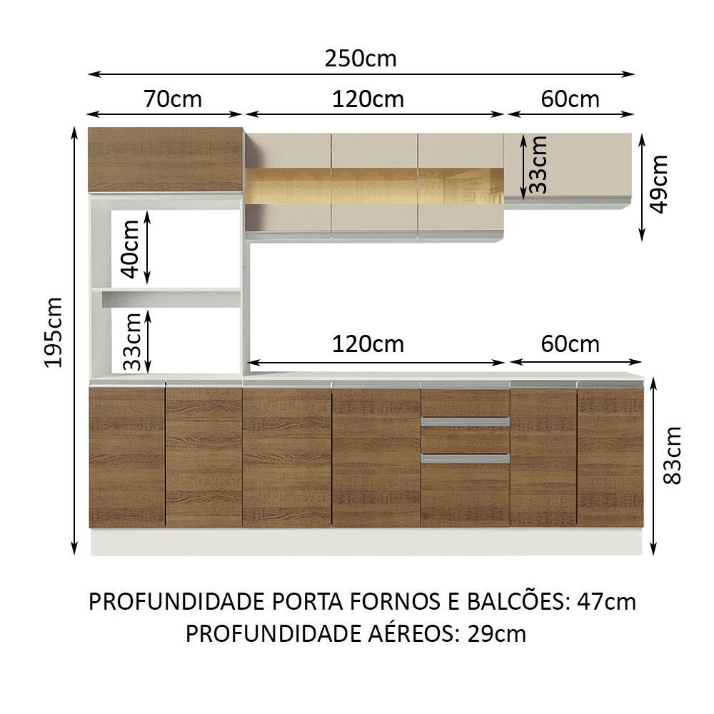 Cozinha Completa 100% MDF Madesa Smart 250 cm Modulada Com Balcão e Tampo - Branco/Rustic/Crema