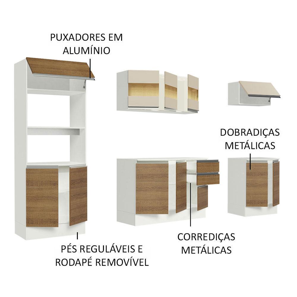 Cozinha Completa 100% MDF Madesa Smart 250 cm Modulada Com Balcão e Tampo - Branco/Rustic/Crema