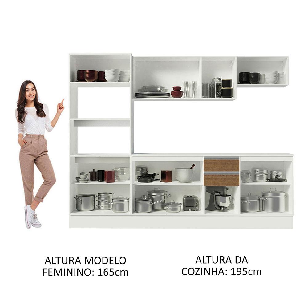 Cozinha Completa 100% MDF Madesa Smart 250 cm Modulada Com Balcão e Tampo - Branco/Rustic/Crema