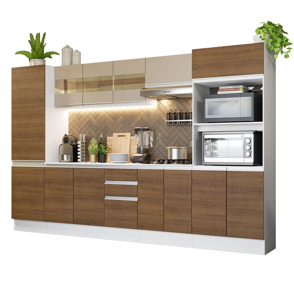 Cozinha Completa 100% MDF Madesa Smart 300 cm Modulada Com Armário e Balcão - Branco/Rustic/Crema