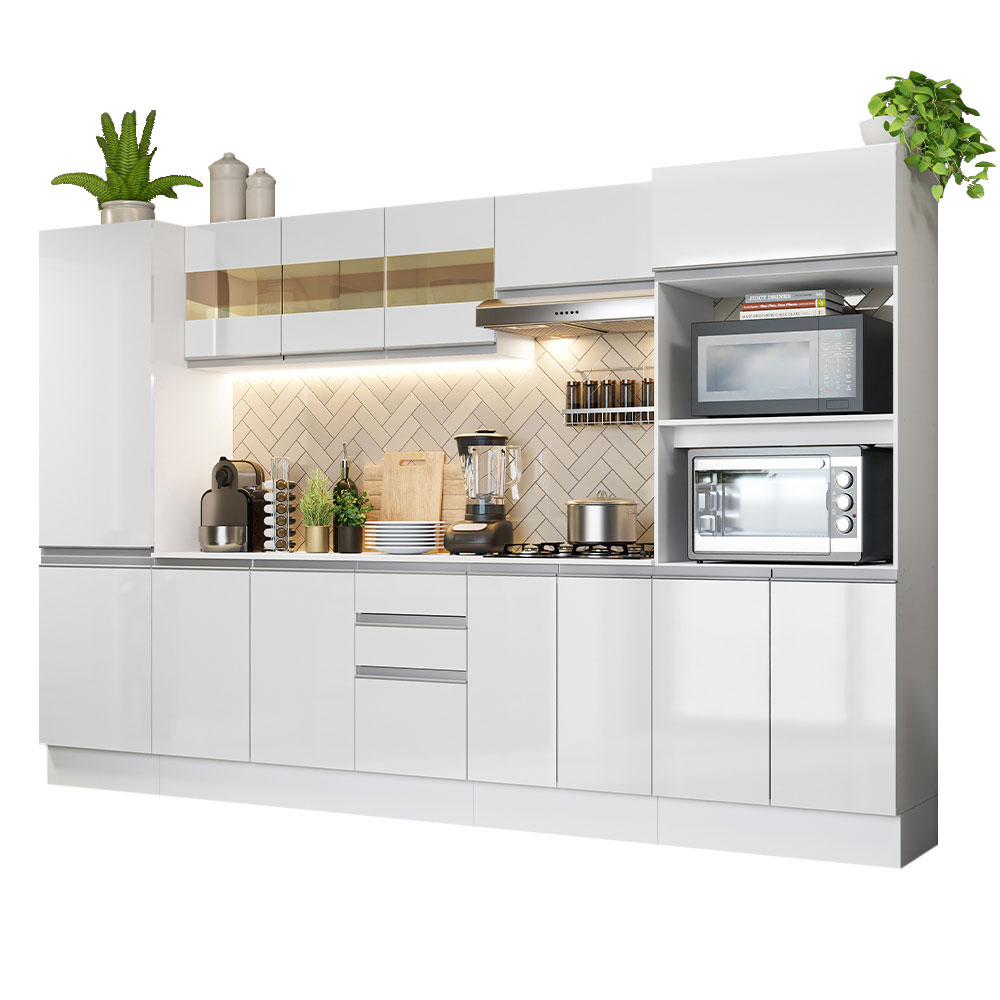 Cozinha Completa 100% MDF Madesa Smart 300 cm Modulada Com Armário, Balcão e Tampo - Frentes Branco Brilho