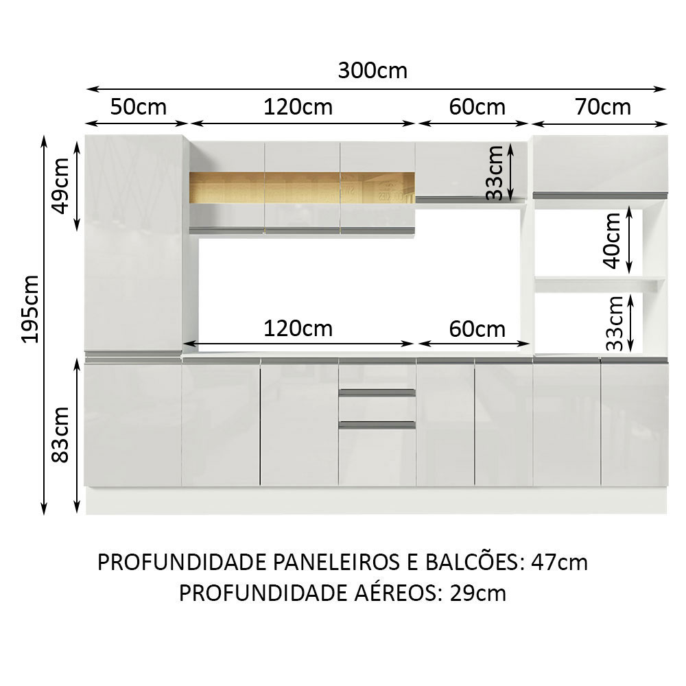Cozinha Completa 100% MDF Madesa Smart 300 cm Modulada Com Armário, Balcão e Tampo - Frentes Branco Brilho