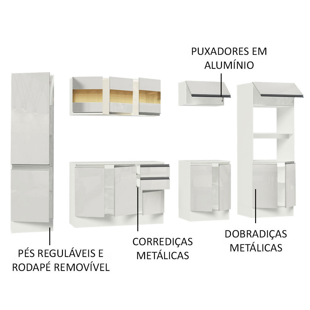 Cozinha Completa 100% MDF Madesa Smart 300 cm Modulada Com Armário, Balcão e Tampo - Frentes Branco Brilho