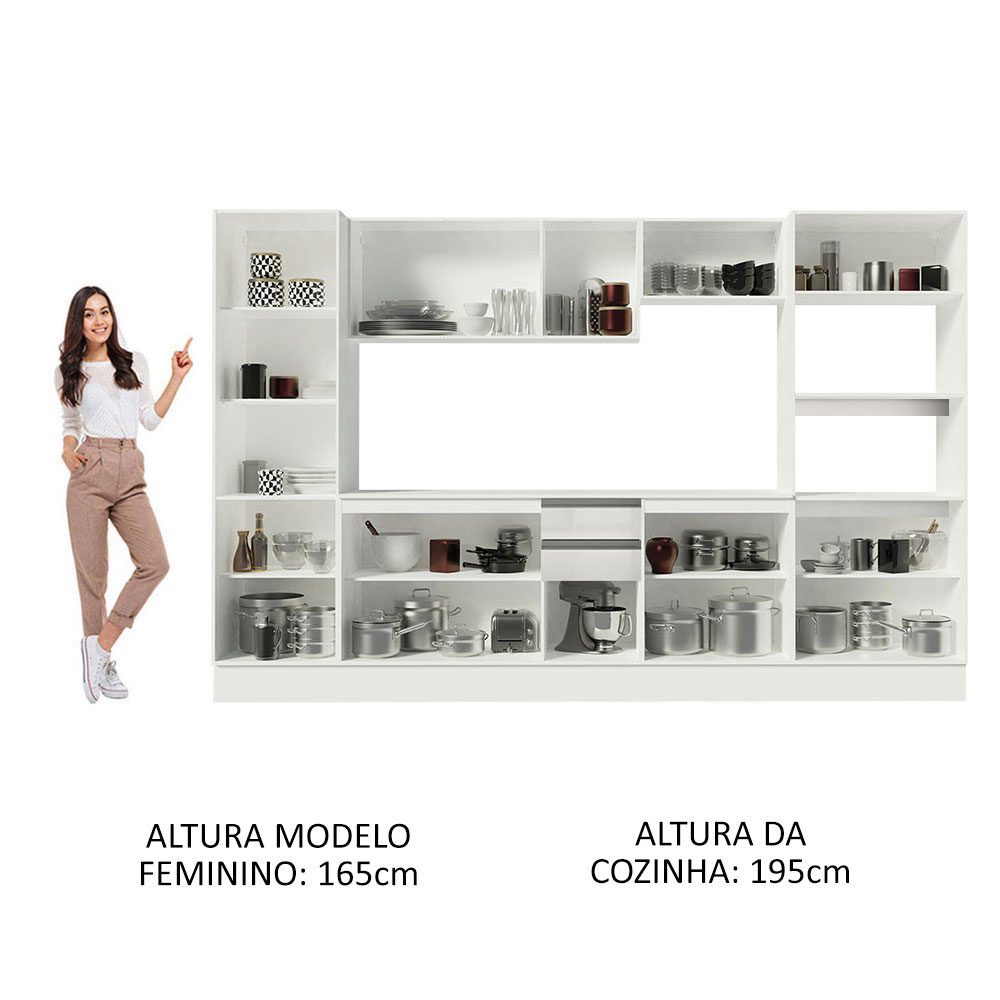 Cozinha Completa 100% MDF Madesa Smart 300 cm Modulada Com Armário, Balcão e Tampo - Frentes Branco Brilho