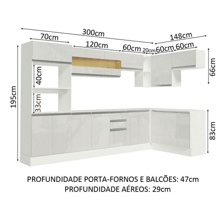 Armário de Cozinha Completa de Canto 100% MDF 448cm Branco/Rustic