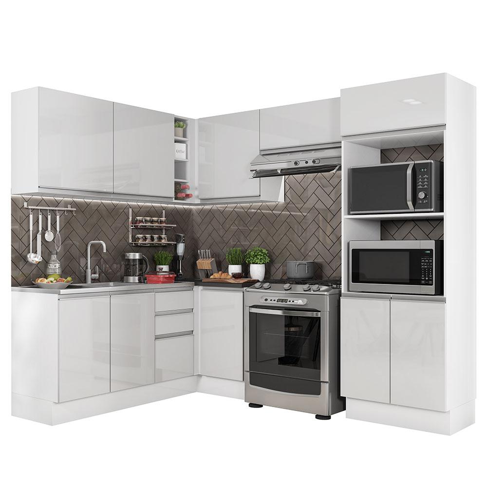 Cozinha Completa Madesa 100% MDF Acordes de Canto Portas Branco Brilho (Sem Tampo e Pia)