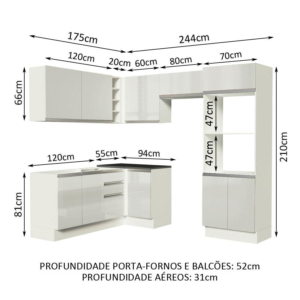 Cozinha Completa Madesa 100% MDF Acordes de Canto Portas Branco Brilho (Sem Tampo e Pia)