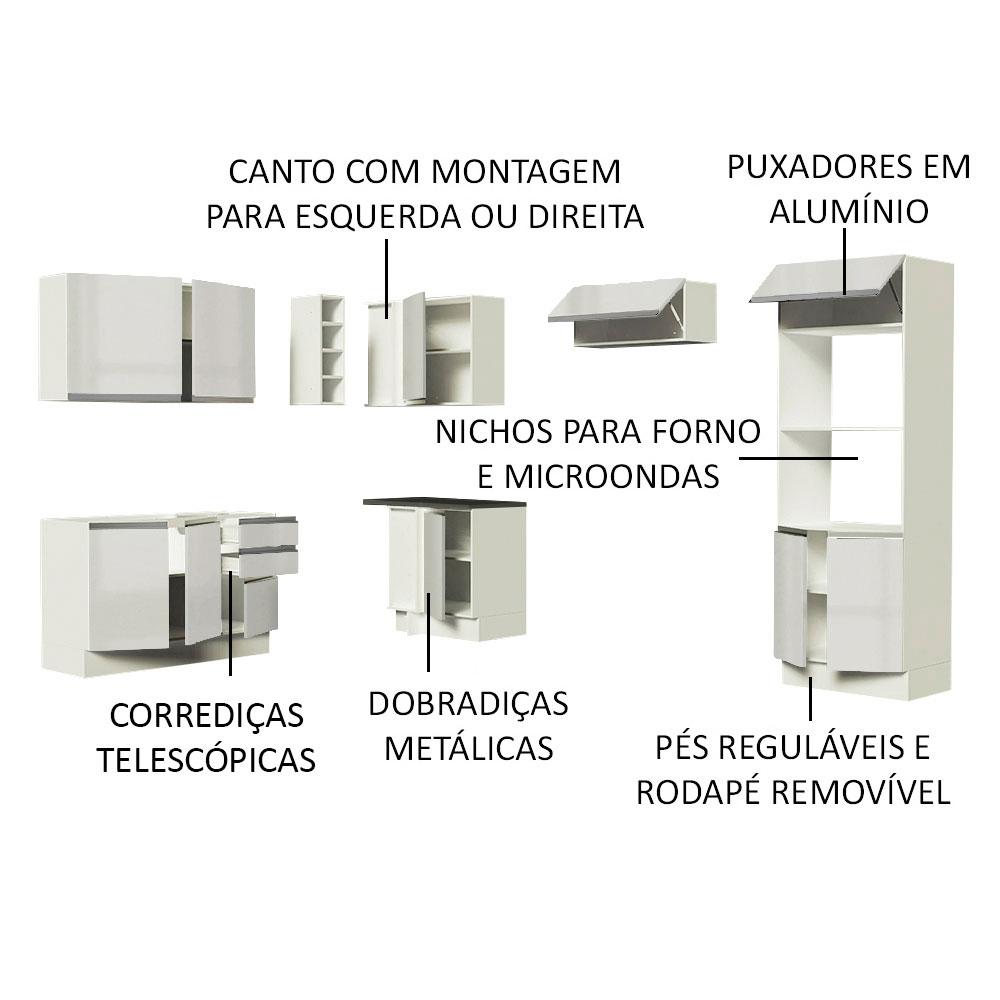 Cozinha Completa Madesa 100% MDF Acordes de Canto Portas Branco Brilho (Sem Tampo e Pia)