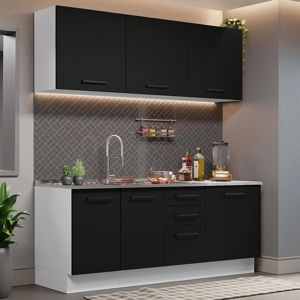 Cozinha Completa Madesa Agata 180001 com Armário e Balcão (Sem Tampo e Pia) - Branco/Preto