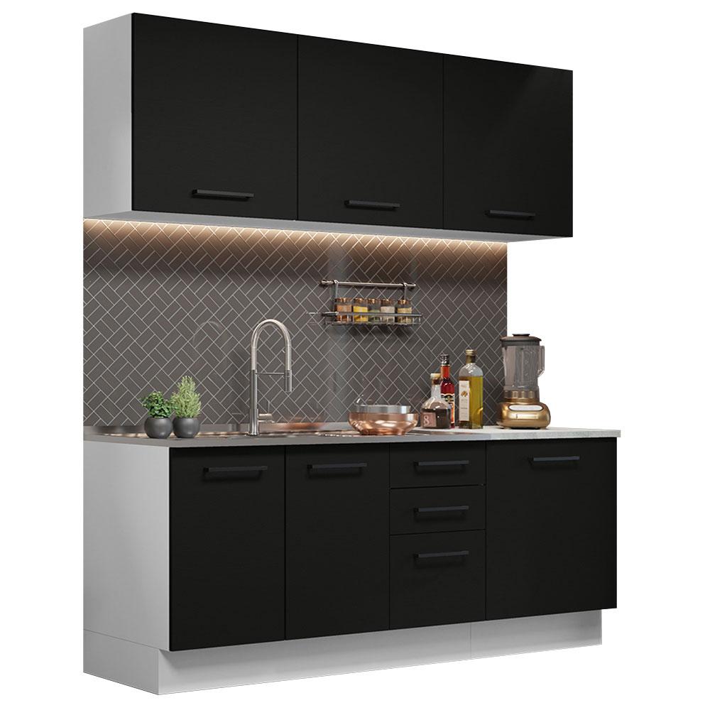 Cozinha Completa Madesa Agata 180001 com Armário e Balcão (Sem Tampo e Pia) - Branco/Preto