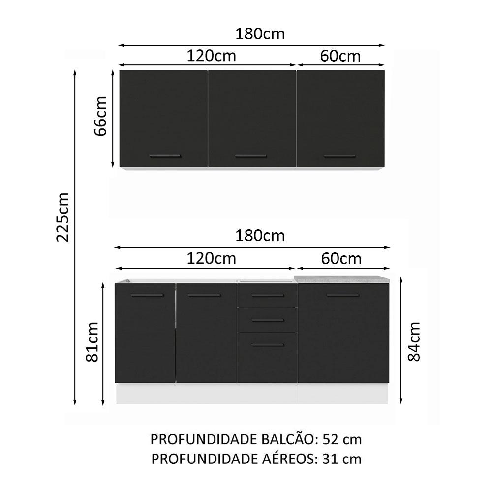 Cozinha Completa Madesa Agata 180001 com Armário e Balcão (Sem Tampo e Pia) - Branco/Preto