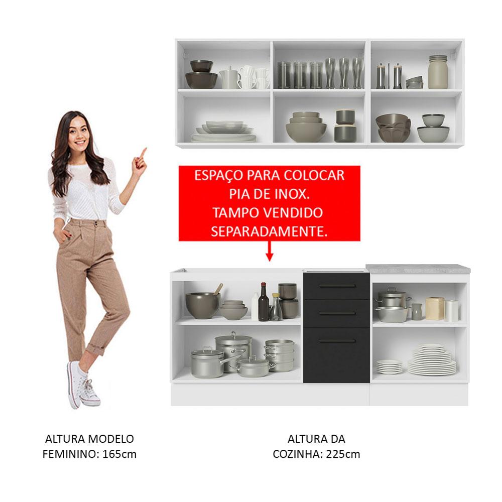 Cozinha Completa Madesa Agata 180001 com Armário e Balcão (Sem Tampo e Pia) - Branco/Preto