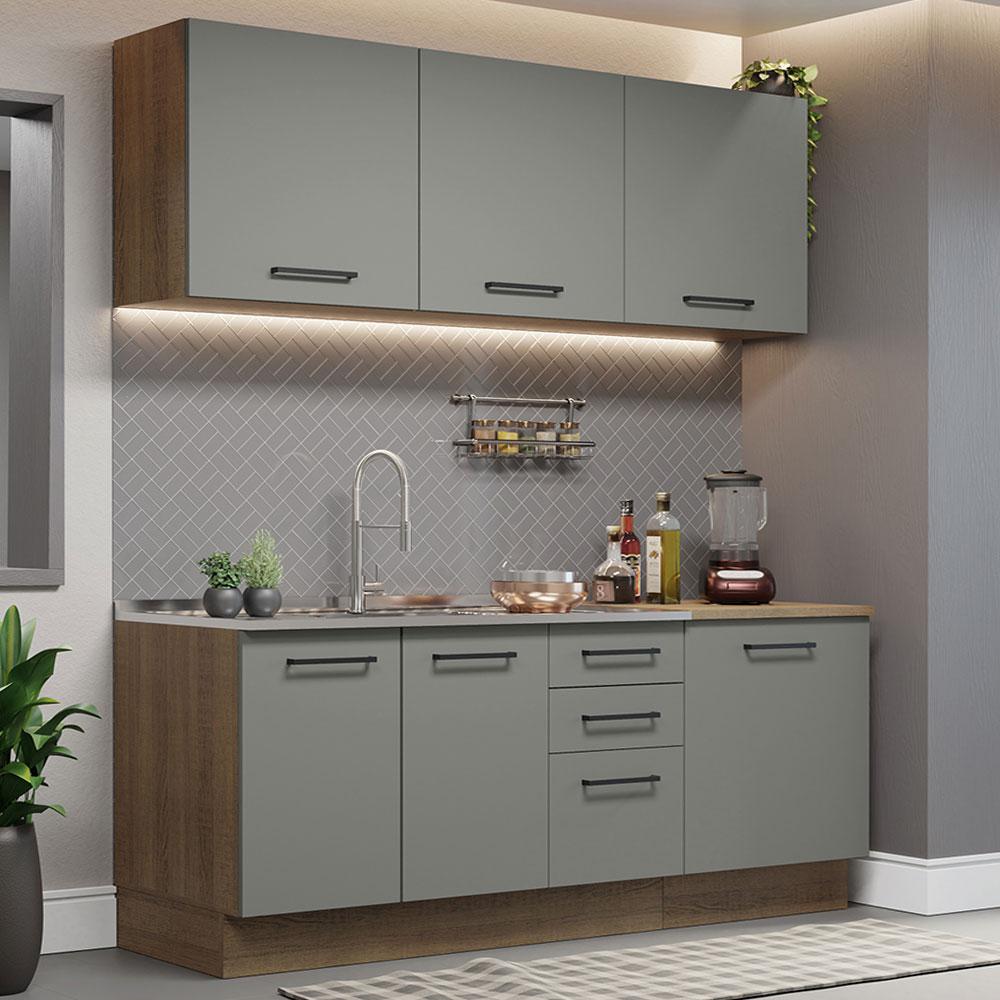Cozinha Completa Madesa Agata 180001 com Armário e Balcão (Sem Tampo e Pia) - Rustic/Cinza