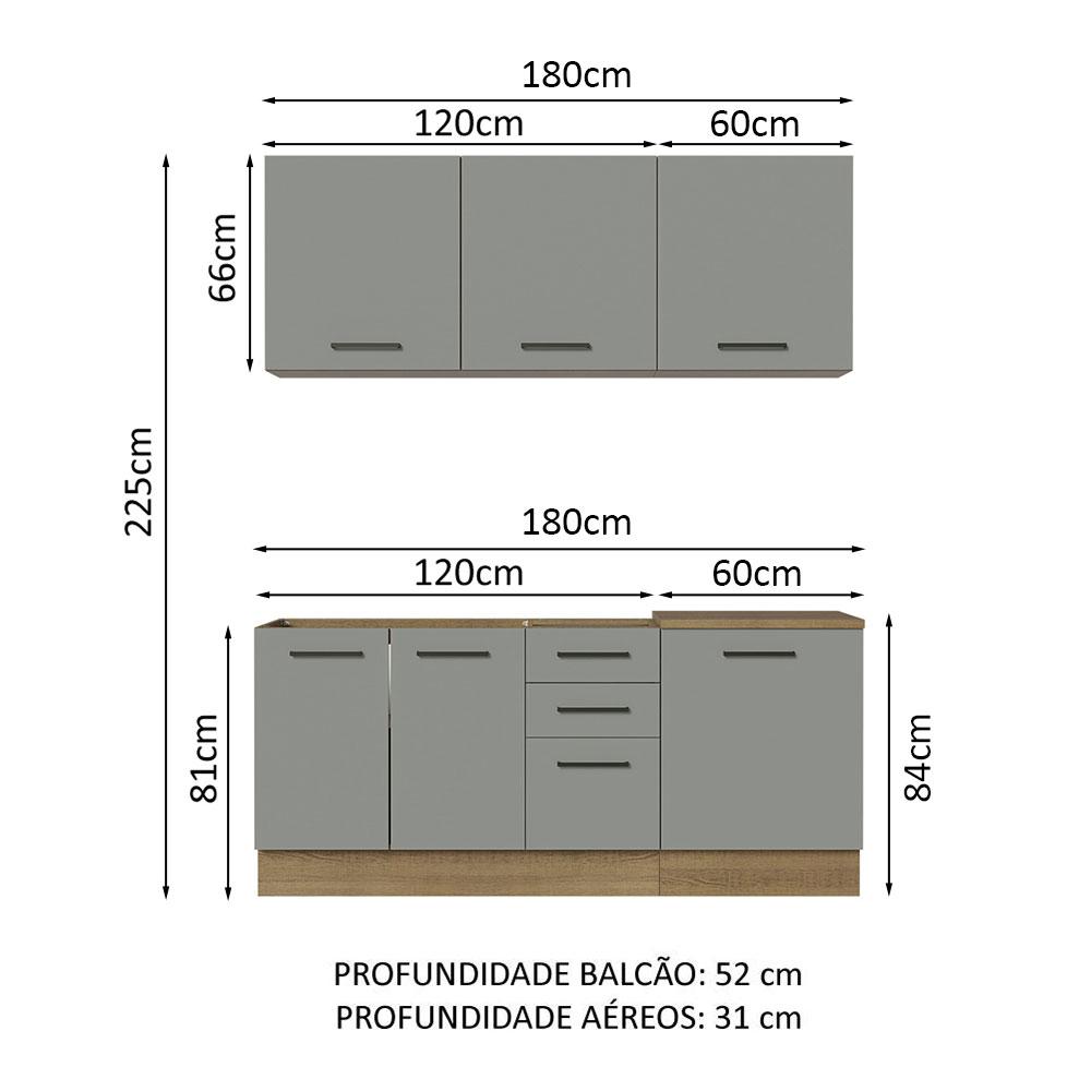 Cozinha Completa Madesa Agata 180001 com Armário e Balcão (Sem Tampo e Pia) - Rustic/Cinza